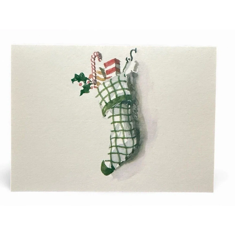 Vintage Oddballs Christmas Notecards - Watercolor- Checkered Stocking- 10 Pk